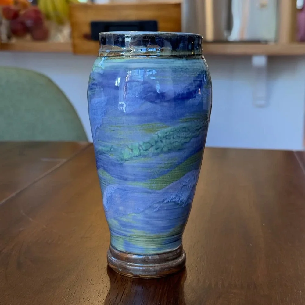 Vintage Studio Pottery Vase with Blues Teals Greens Signed Cynthia Young